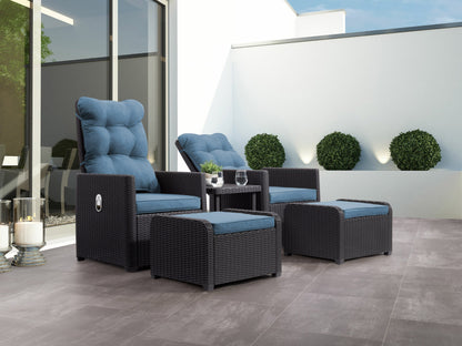 Black and blue patio recliner and ottoman set, 5-piece with cushioned seats, weather-resistant wicker, and modern design.