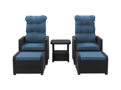 Black and blue patio recliner and ottoman set, 5-piece, with cushioned seats and weather-resistant wicker.