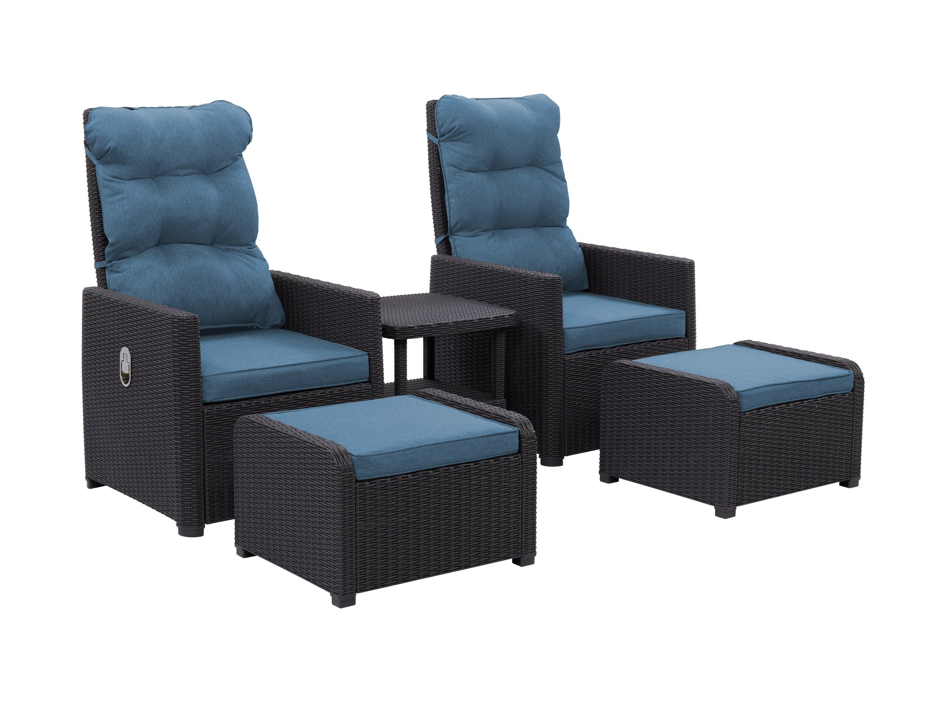 Black and blue patio recliner and ottoman set with cushioned seats, metal frame, and contemporary design.