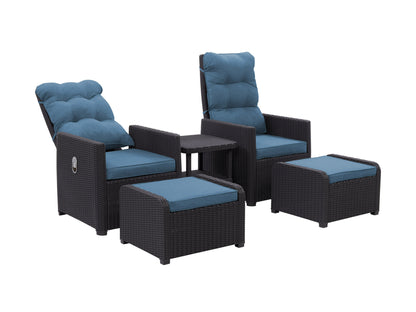 Black and blue patio recliner and ottoman set, 5-piece, with cushioned seats and modern design.