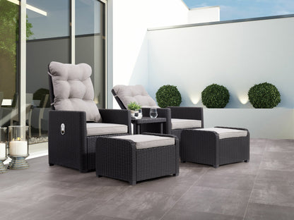 Beige patio recliner and ottoman set with cushions, 5-piece outdoor conversation furniture.