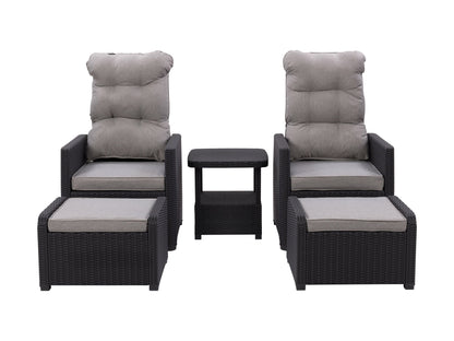 Beige patio recliner and ottoman set, 5-piece, with cushioned seats, wicker frame, and matching side table.