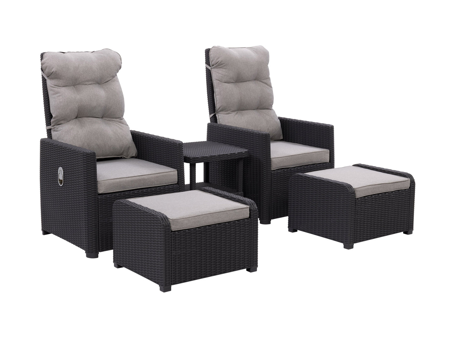 Beige patio recliner and ottoman set, 5-piece, wicker frame with cushions, outdoor conversation furniture.