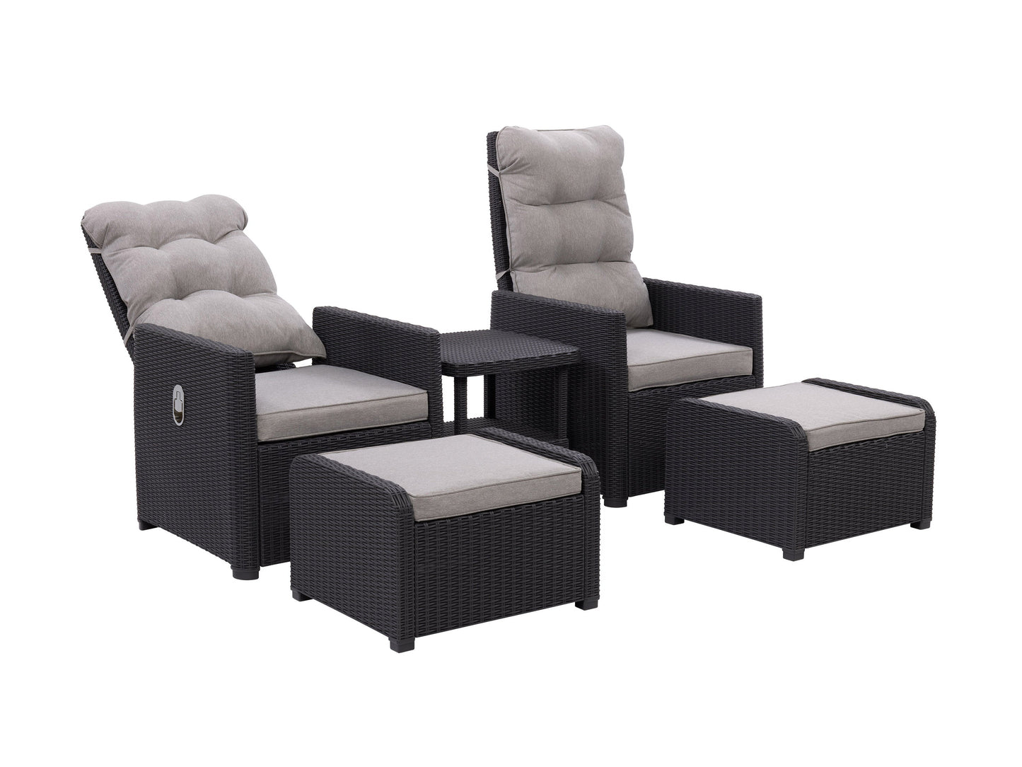 Beige patio recliner and ottoman set, 5-piece, with cushions and wicker frame, perfect for outdoor lounging.