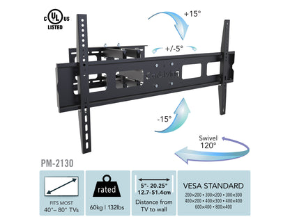 Full motion TV wall mount for 40" - 80" TVs, featuring adjustable arms, sleek black finish, heavy-duty steel construction, and easy installation for optimal viewing angles in living rooms or home theaters.