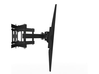 Full motion TV wall mount for 40" - 80" TVs, black steel construction, adjustable arms, swivel and tilt functionality, easy installation, supports flat and curved screens, ideal for living rooms and home theaters.