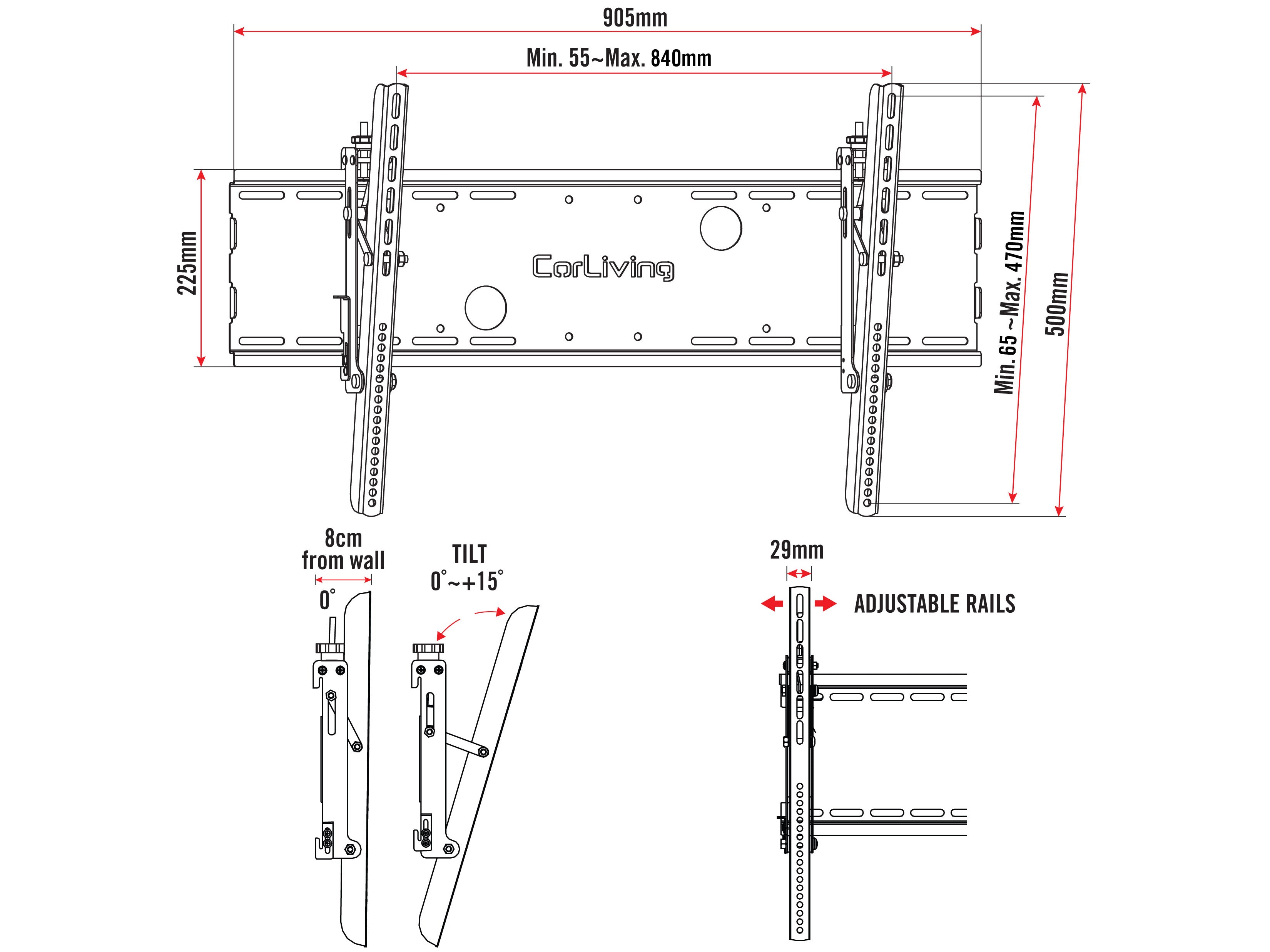 Tilting TV wall mount for 40" to 100" TVs, black, durable steel construction, integrated cable management, adjustable tilt for optimal viewing angles, slim profile for a sleek, modern look.