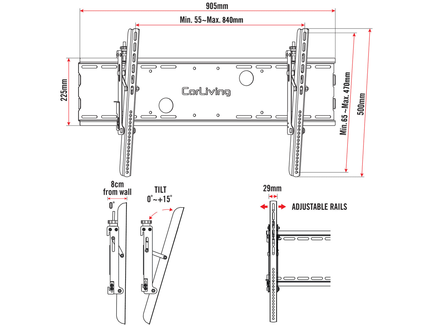 Tilting TV wall mount for 40" to 100" TVs, black, durable steel construction, integrated cable management, adjustable tilt for optimal viewing angles, slim profile for a sleek, modern look.