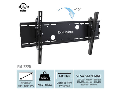 Tilting TV wall mount for 40" - 100" TVs, black, steel construction, with adjustable tilt feature, shown holding a large flat-screen TV against a white wall, ideal for home or office use.