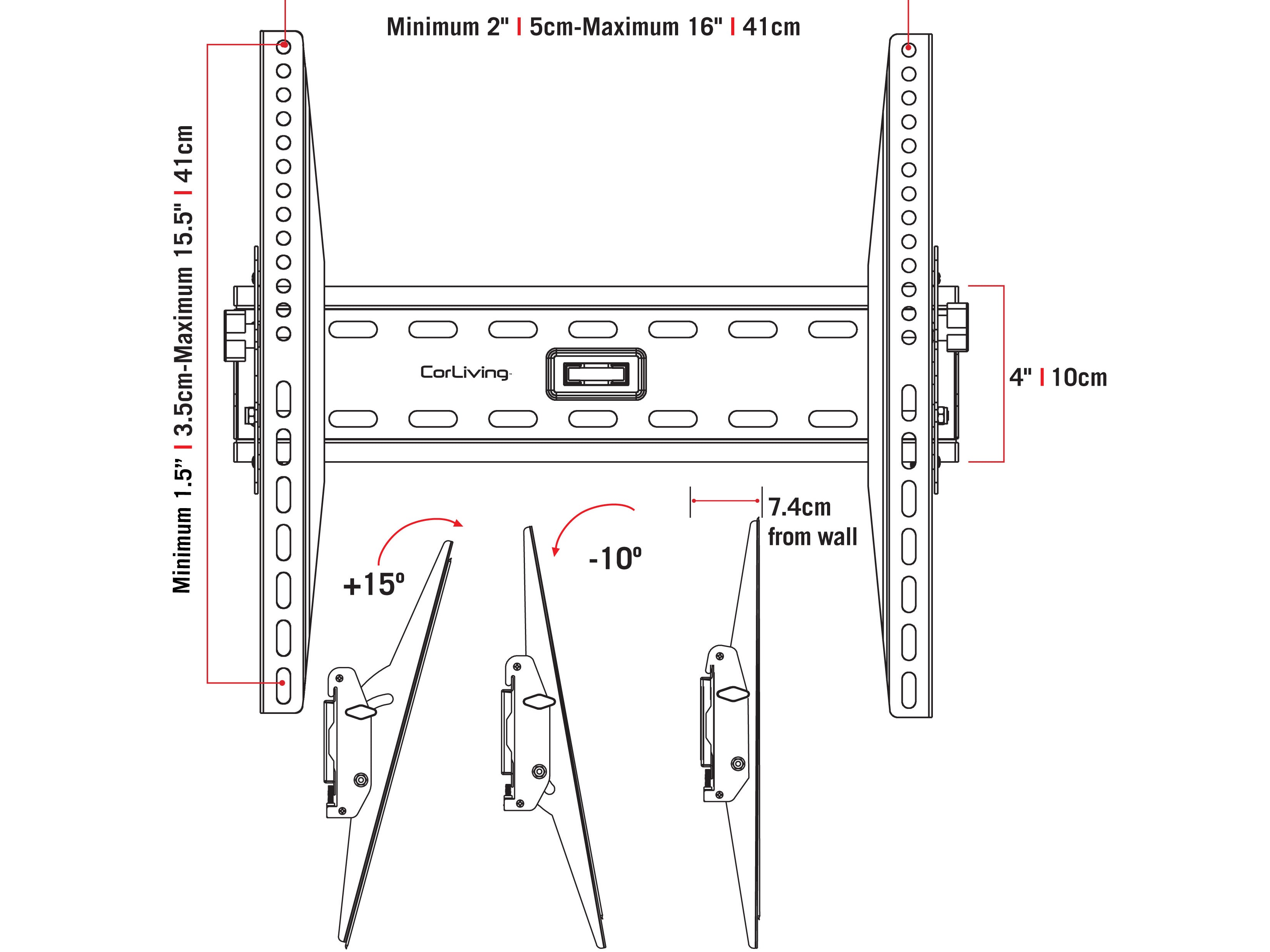 Tilting TV wall mount for 26" - 65" TVs, black metal frame with adjustable tilt angle, sturdy construction, suitable for flat and curved screens, easy installation with included hardware.