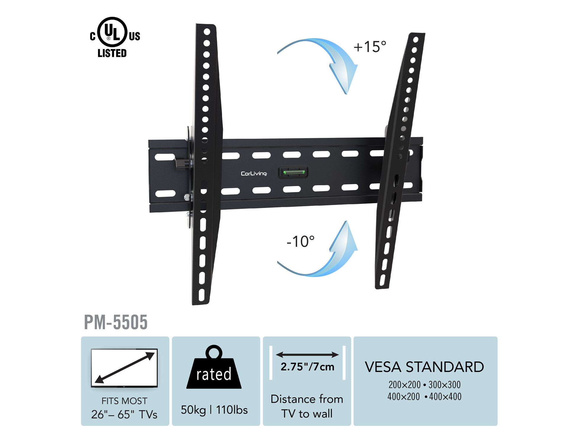 Tilting TV wall mount for 26" - 65" TVs, black metal construction, adjustable tilt angle, sleek design, easy installation, sturdy support, ideal for living rooms and home theaters.