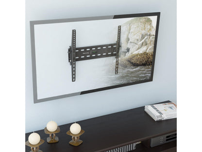 Tilting TV wall mount for 26" - 65" TVs, black metal, adjustable angles, sleek design, easy installation, supports flat and curved screens, ideal for living rooms and home theaters, durable and secure.