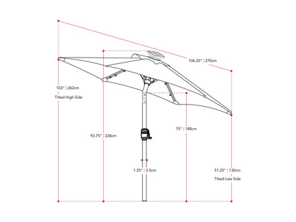 Sky blue 9ft patio umbrella with LED lights, tilting mechanism, and durable aluminum frame for outdoor use.