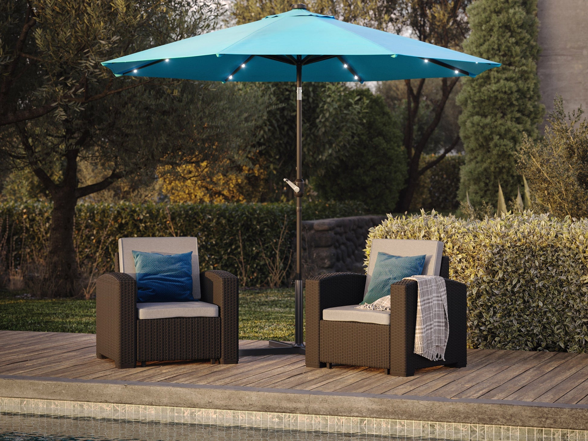 Sky blue 9ft patio umbrella with built-in LED lights, tilting feature, and sturdy aluminum pole.