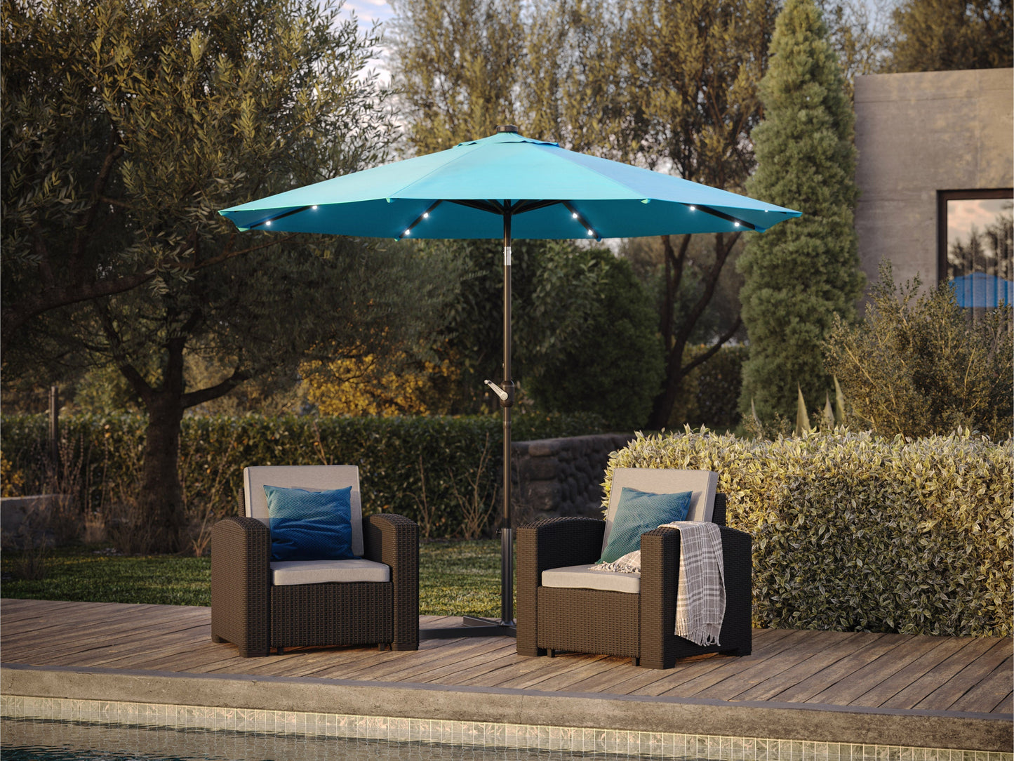 Sky blue 9ft patio umbrella with LED lights, adjustable tilt, and sturdy aluminum pole.