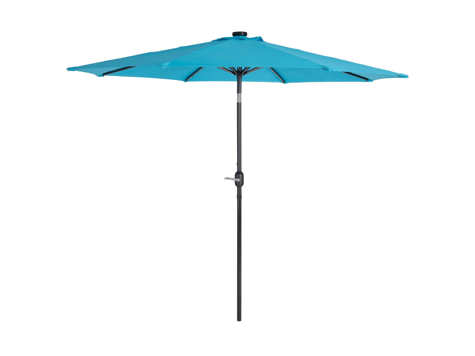 Sky blue 9ft patio umbrella with LED lights and tilting mechanism, perfect for outdoor shade and evening ambiance.