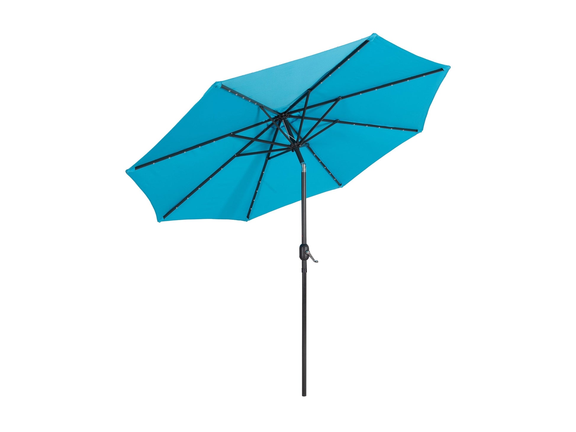 Sky blue 9ft patio umbrella with LED lights, tilting mechanism, and durable fabric for outdoor use.