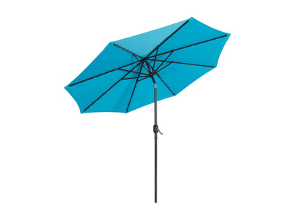 Sky blue 9ft patio umbrella with LED lights, tilting mechanism, and durable fabric for outdoor use.