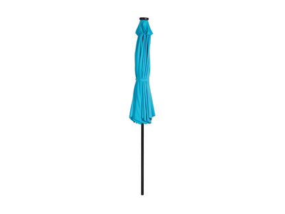 Sky blue 9ft patio umbrella with solar-powered LED lights and tilting mechanism, perfect for outdoor shade.