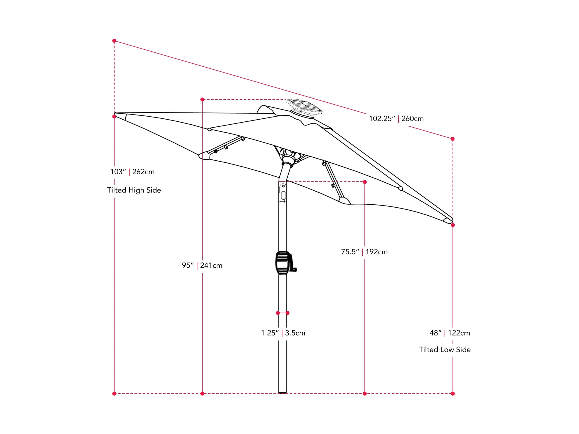 Striped white and black 9ft patio umbrella with tilting feature and built-in lights.