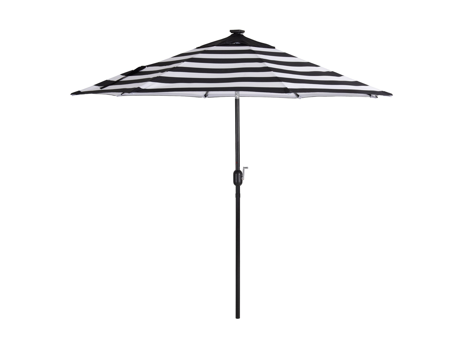 Striped black and white 9ft patio umbrella with lights, tilting feature, and durable fabric.