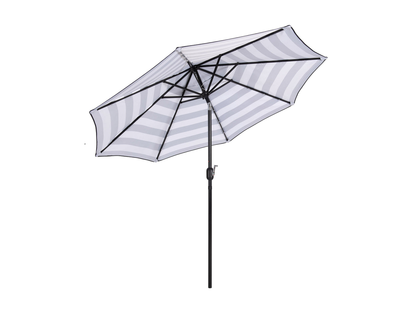 Striped white and black 9ft patio umbrella with lights, tilting mechanism, outdoor sunshade.