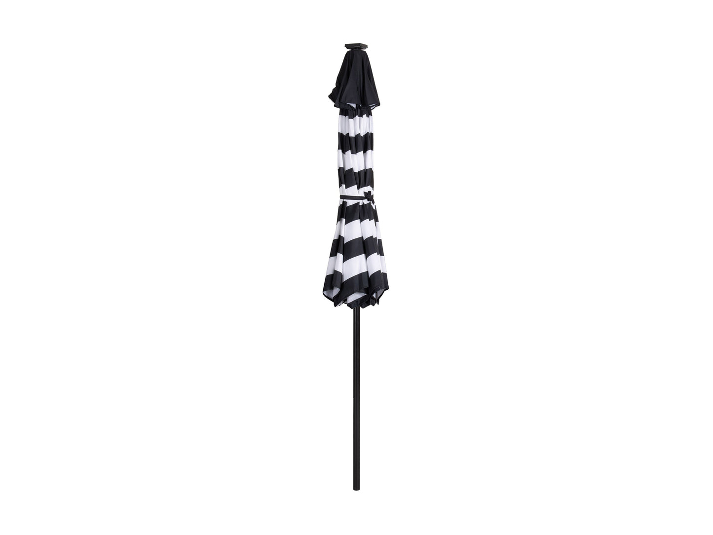 Striped white and black 9ft patio umbrella with lights and tilting function for outdoor use.