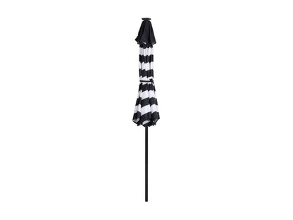 Striped white and black 9ft patio umbrella with lights and tilting function for outdoor use.