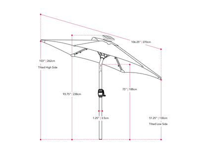 Burgundy 9ft patio umbrella with LED lights, tilting feature, and durable aluminum pole.