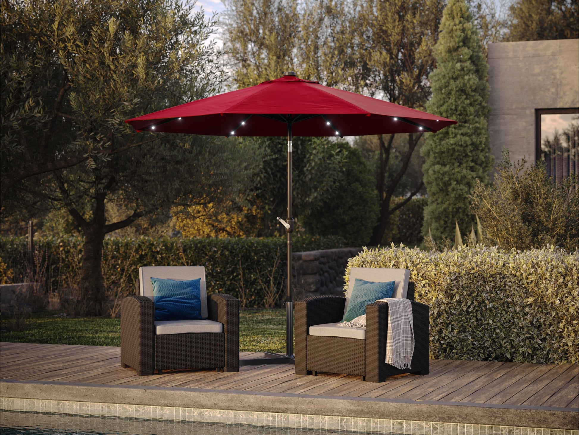 Burgundy 9ft patio umbrella with solar-powered LED lights and tilting feature for outdoor shade.