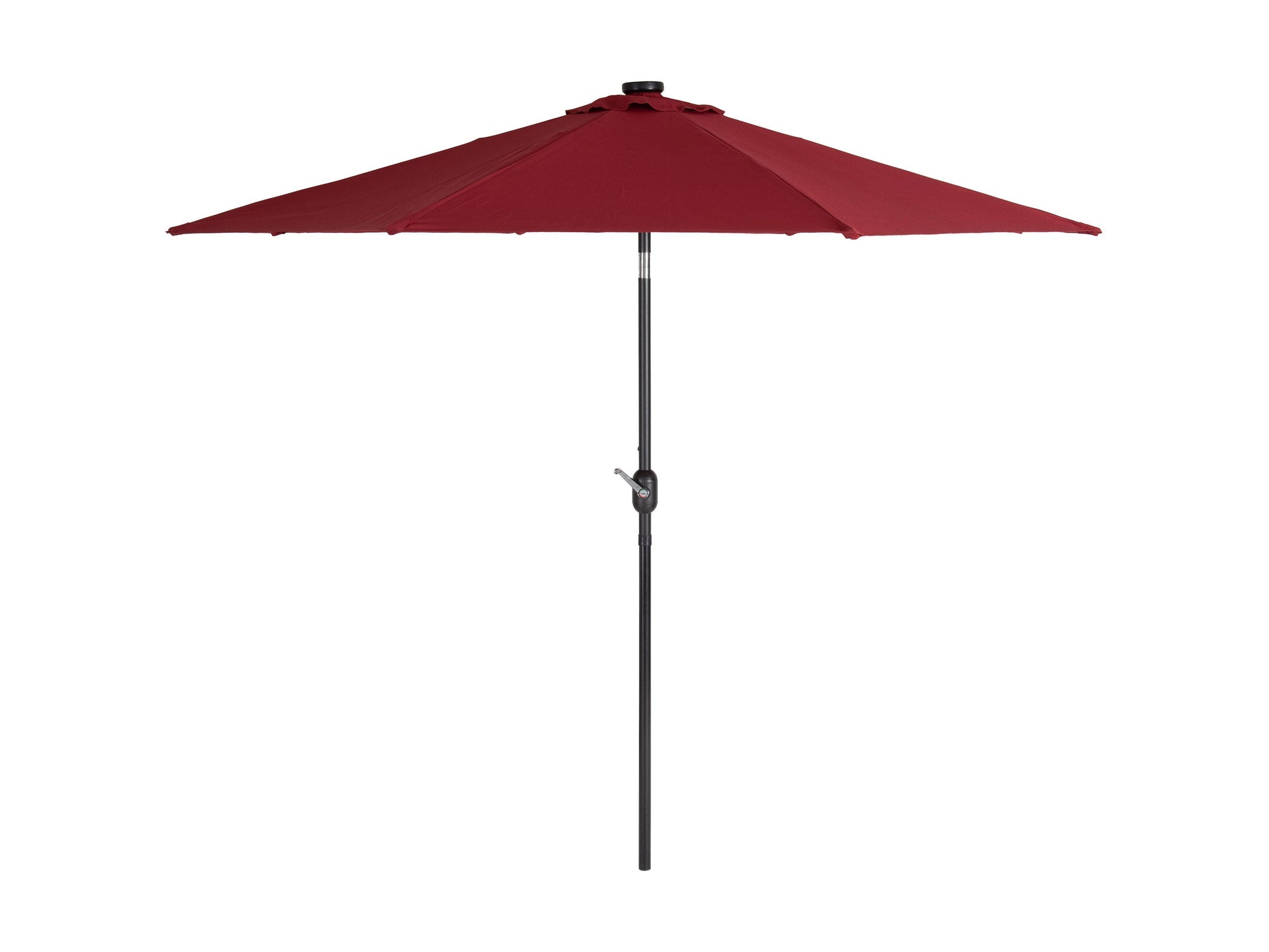 Burgundy 9ft patio umbrella with built-in LED lights, tilting mechanism, and durable fabric for outdoor use.