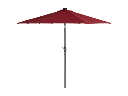 Burgundy 9ft patio umbrella with built-in LED lights, tilting mechanism, and durable fabric for outdoor use.