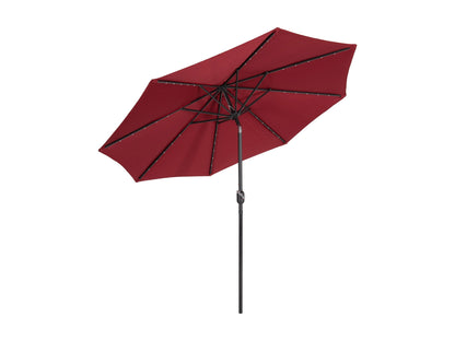 Burgundy 9ft patio umbrella with LED lights, tilting feature, and durable metal frame for outdoor use.