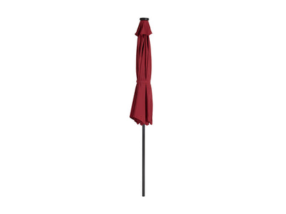 Burgundy 9ft patio umbrella with LED lights, tilting feature, and durable aluminum frame for outdoor use.