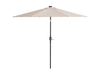 Off white 9ft patio umbrella with LED lights, tilting feature, and durable aluminum pole for outdoor use.