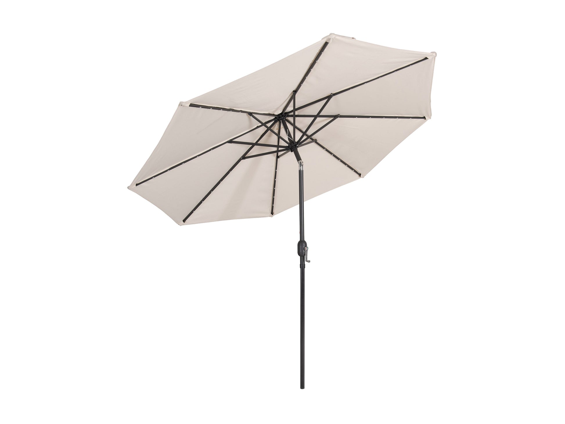 Off-white 9ft patio umbrella with built-in LED lights and tilting feature for outdoor shade.