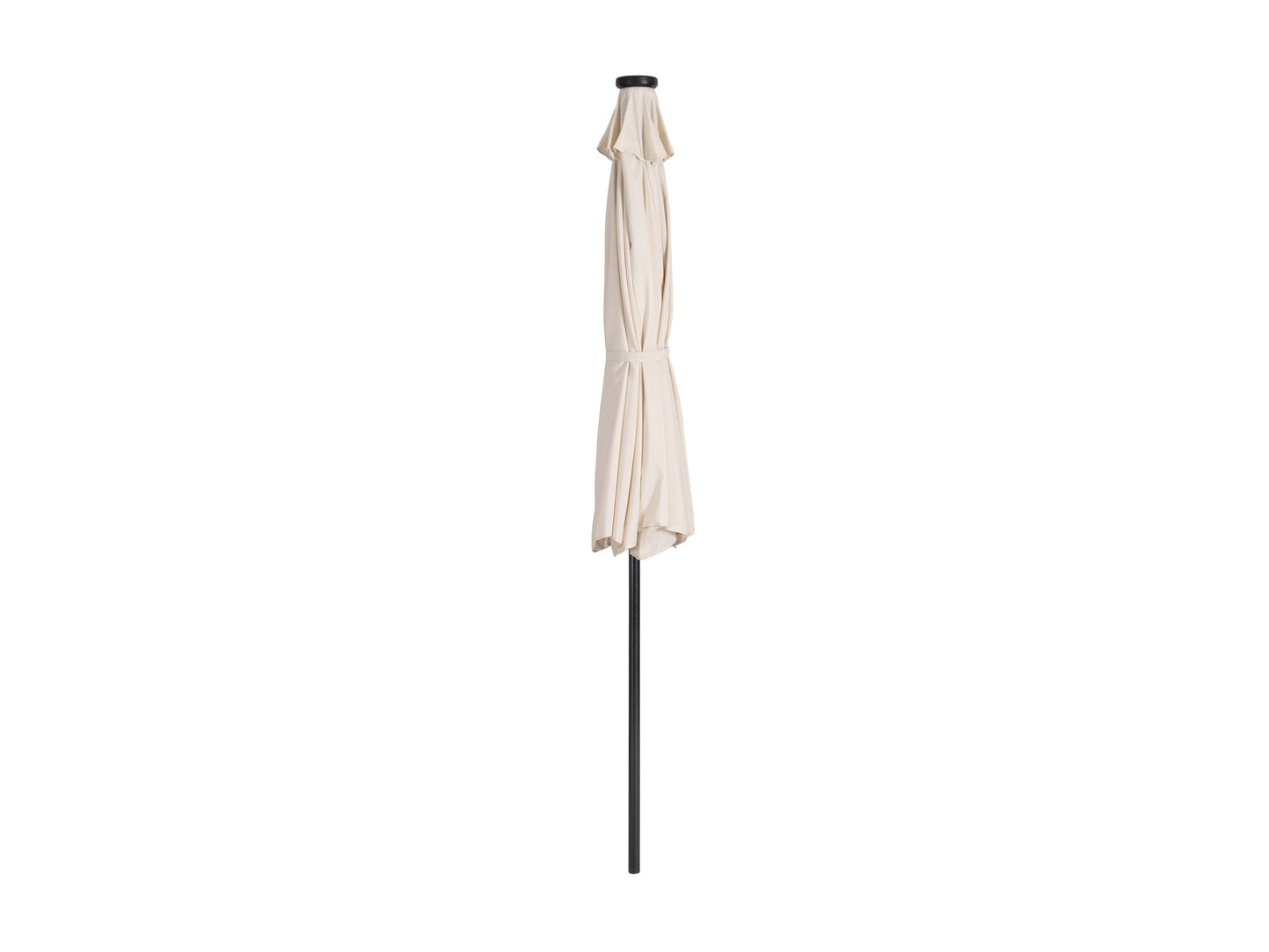 9ft off white patio umbrella with LED lights, tilting feature, and sturdy metal pole for outdoor use.