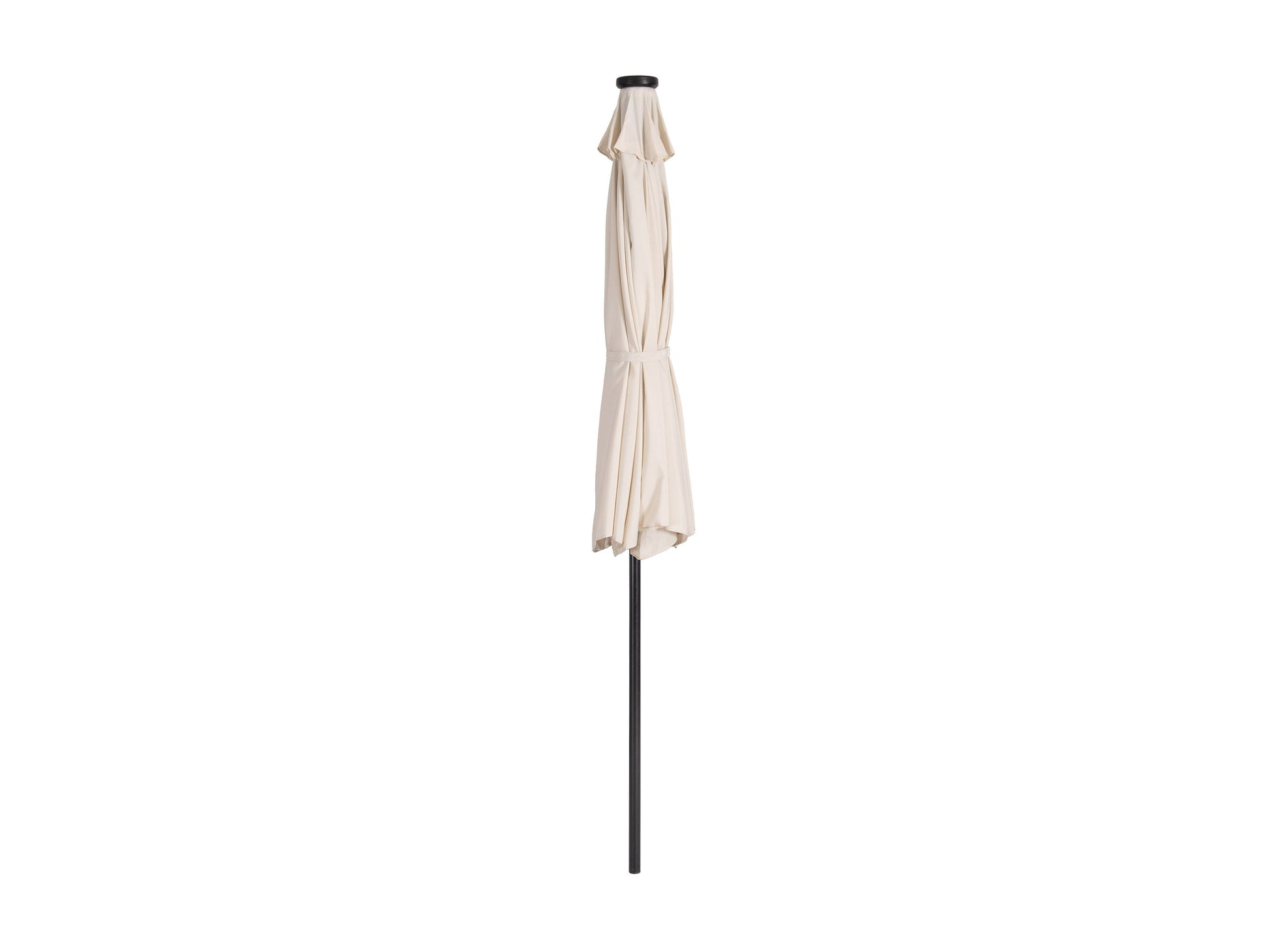 9ft off white patio umbrella with LED lights, tilting feature, and sturdy metal pole for outdoor use.