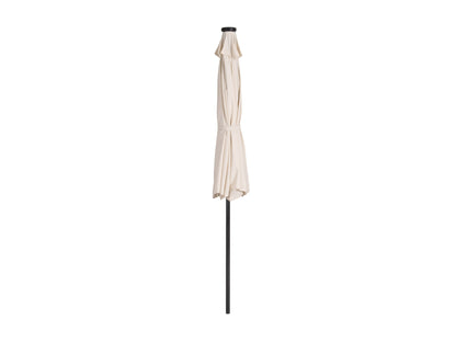 9ft off white patio umbrella with LED lights, tilting feature, and sturdy metal pole for outdoor use.