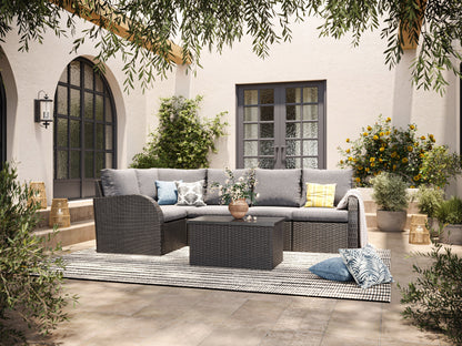 Grey outdoor sectional chair with left armrest, weather-resistant fabric, and sleek modern design for patio.