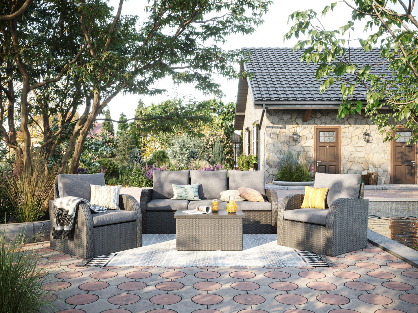 Grey outdoor sectional chair with left arm, weather-resistant fabric, and sleek aluminum frame for patio or garden use.