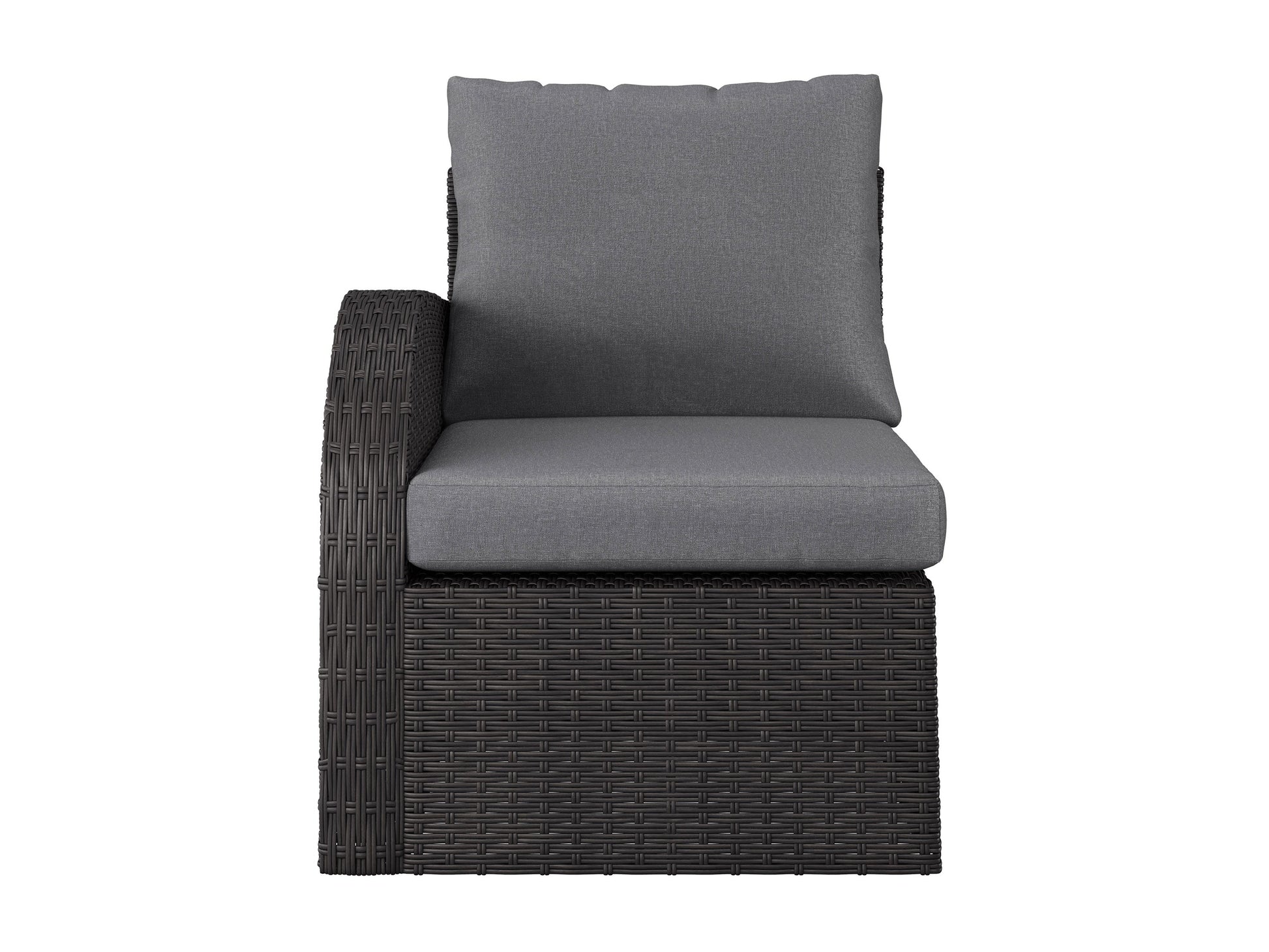 Grey outdoor sectional chair, left arm, with weather-resistant fabric and sleek aluminum frame for patio seating.