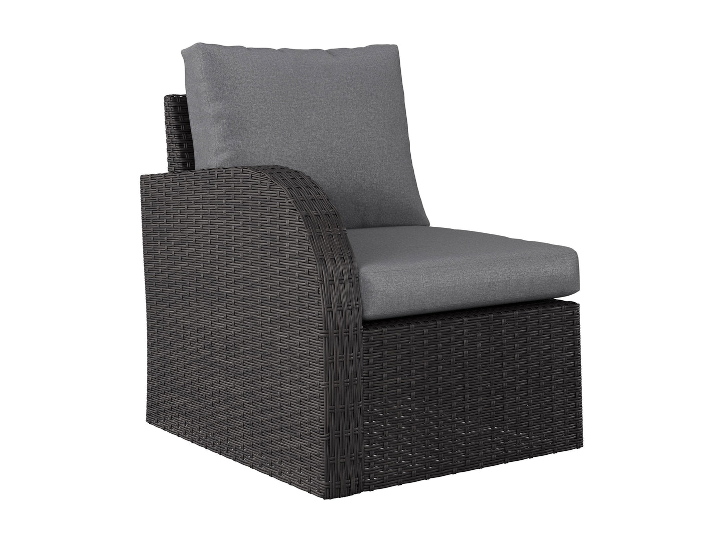 Grey outdoor sectional chair with left arm, weather-resistant fabric, and sleek aluminum frame for patio or garden use.