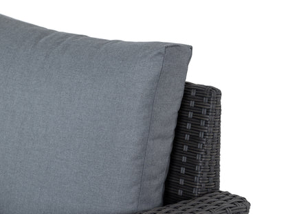 Grey outdoor sectional chair with right armrest, weather-resistant fabric, and sleek aluminum frame.