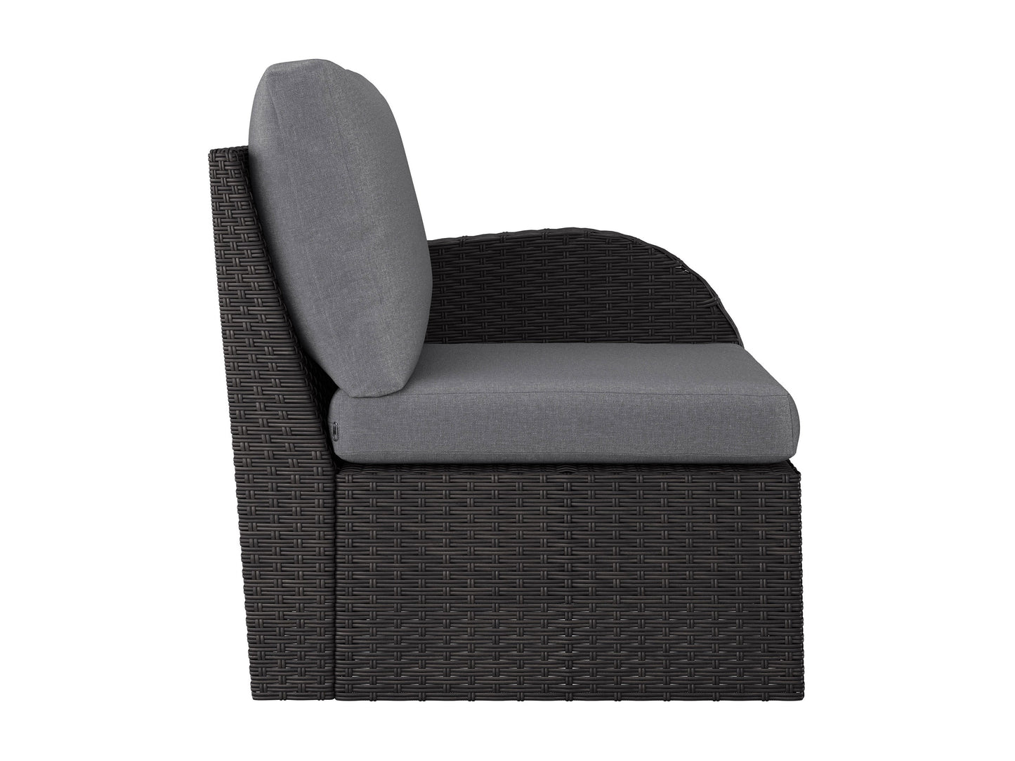 Grey outdoor sectional chair with right arm, weather-resistant fabric, and sturdy metal frame, perfect for patios and gardens.