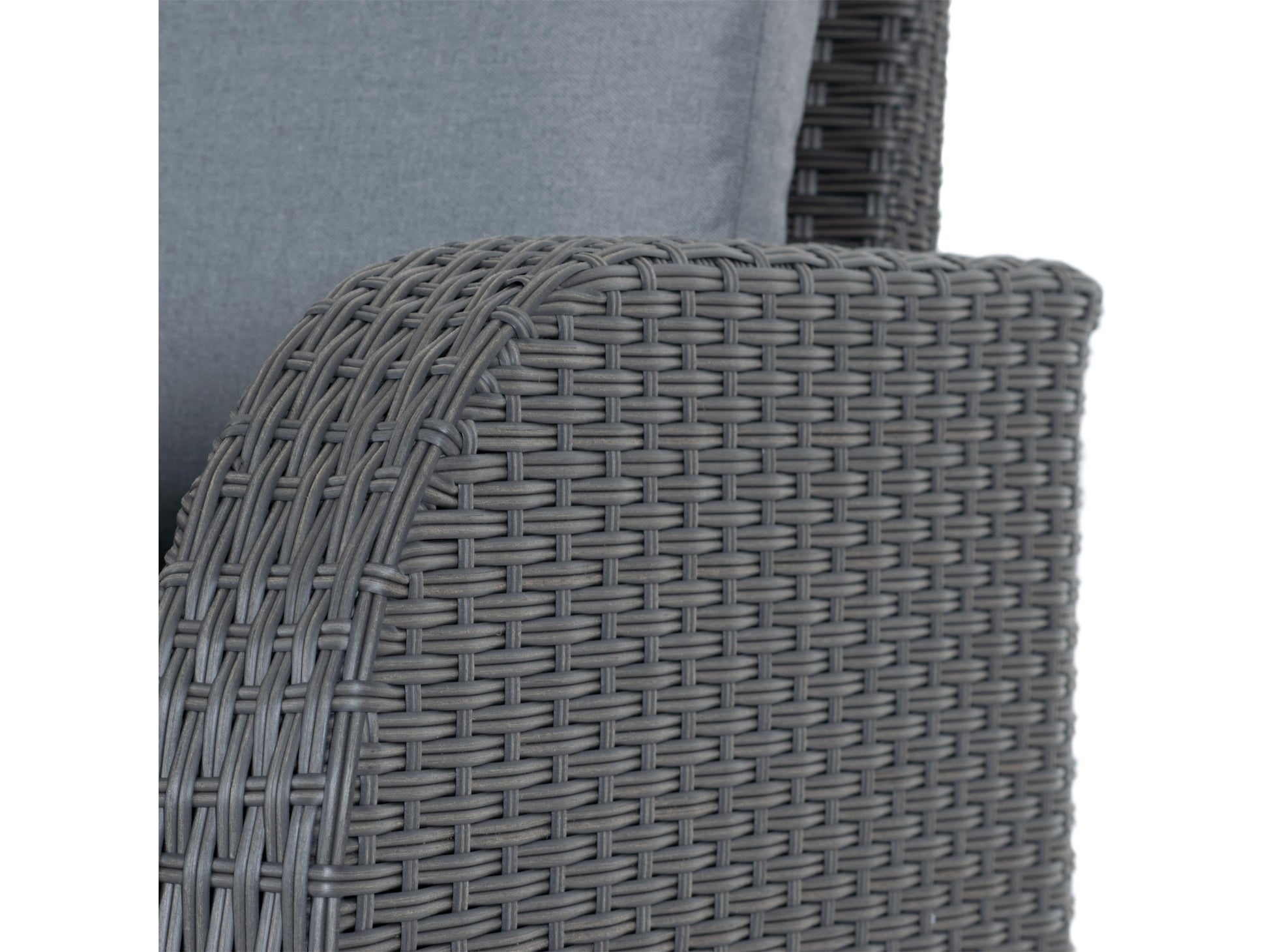 Grey outdoor wicker patio chair with cushions, featuring a sturdy aluminum frame and modern design.