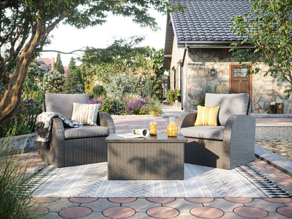 Grey outdoor wicker patio chair with cushioned seat, durable woven texture, and modern design for garden or balcony.