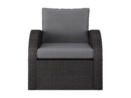 Grey outdoor wicker patio chair with comfortable cushions and durable weather-resistant design.