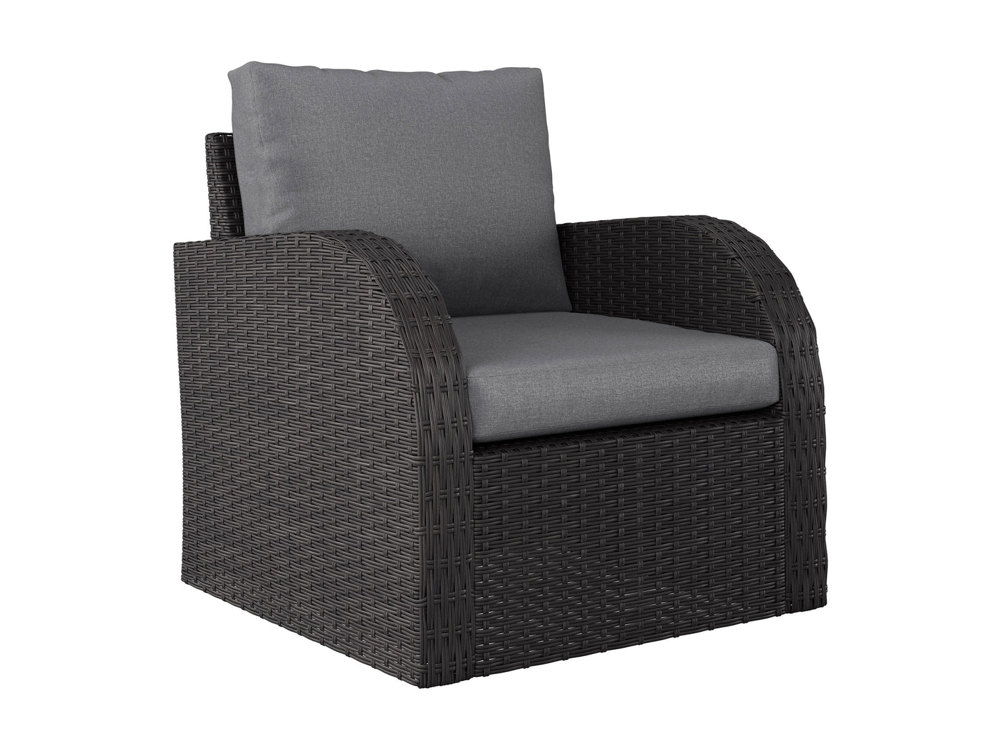 Outdoor grey wicker patio chair with comfortable cushions and durable frame