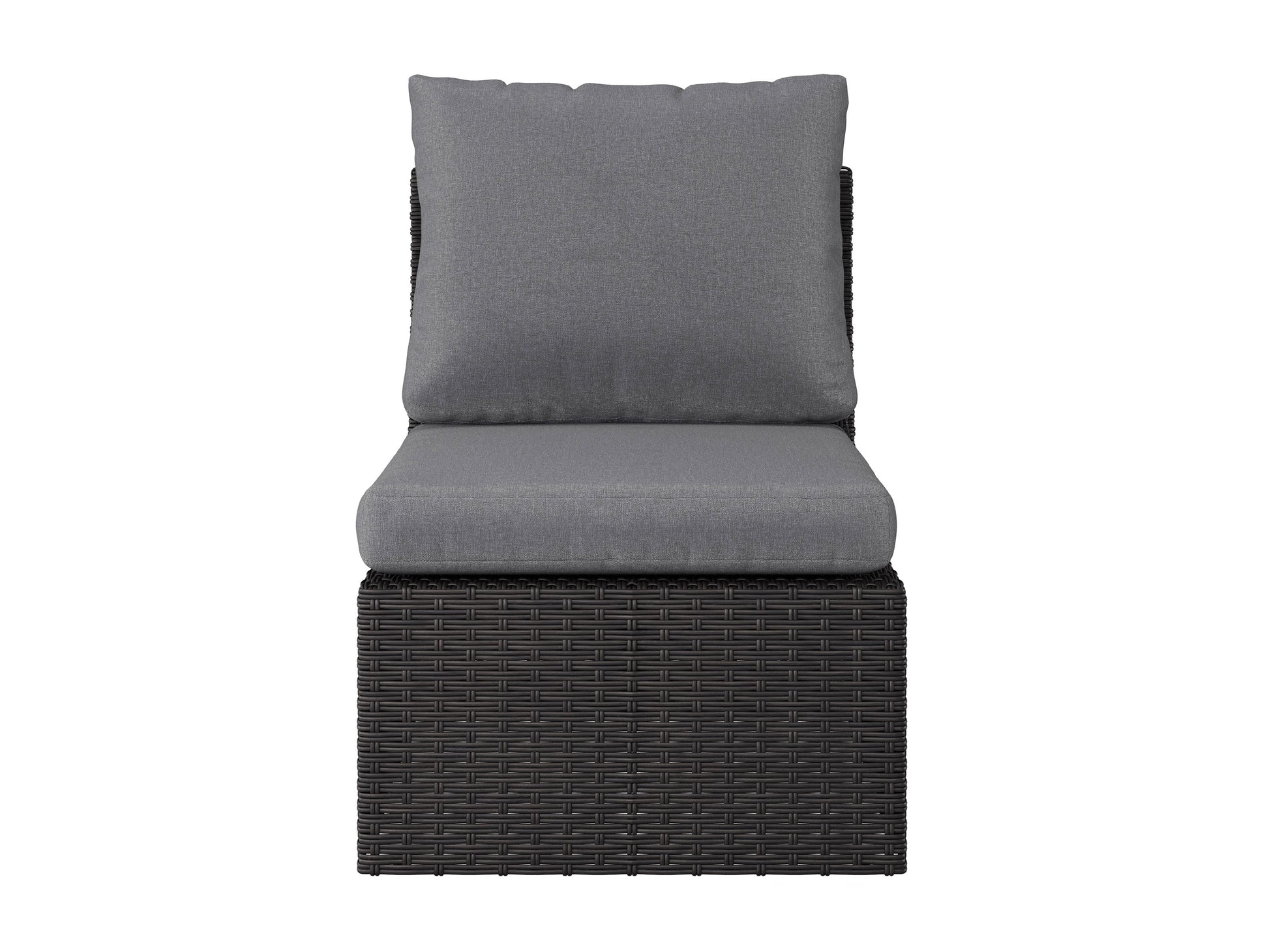 Grey outdoor sectional chair middle piece, weather-resistant fabric, sleek metal frame, comfortable cushions, modern patio furniture.